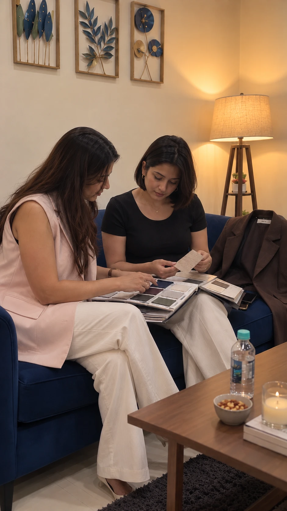A customer and stylist choosing from fabric swatches on the studio sofa