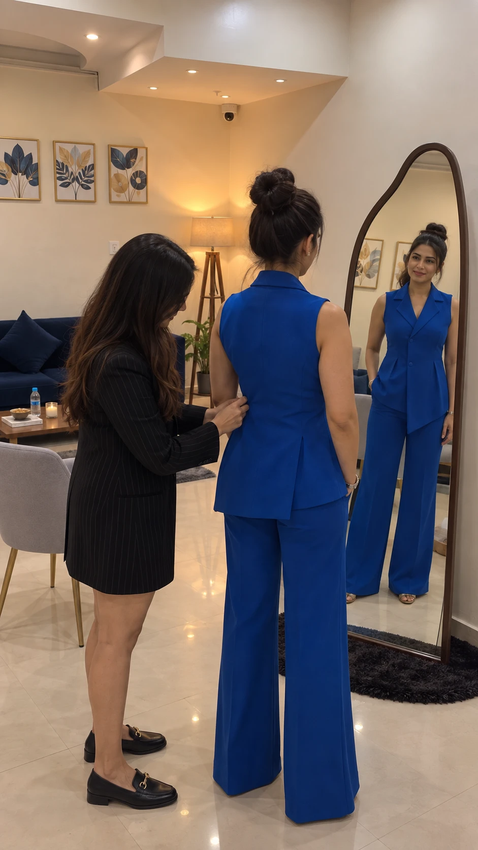 A stylist adjusting the fit of a blue suit at the studio mirror